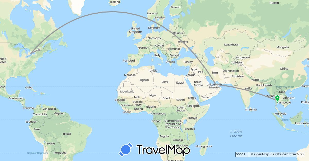 TravelMap itinerary: driving, bus, plane in United Arab Emirates, Canada, Thailand (Asia, North America)